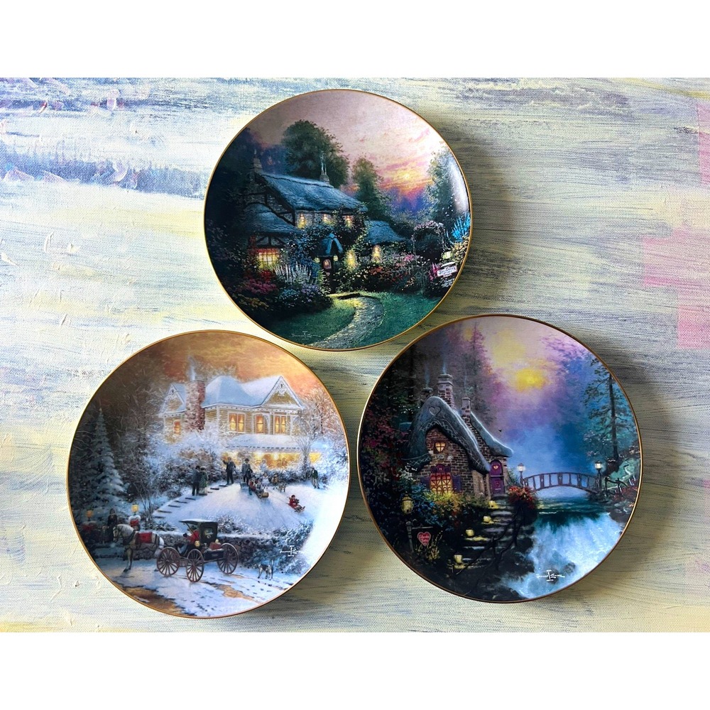 Thomas Kinkade Collector Plates Lot of 3 Knowles Bradford Exchange Gold Trim